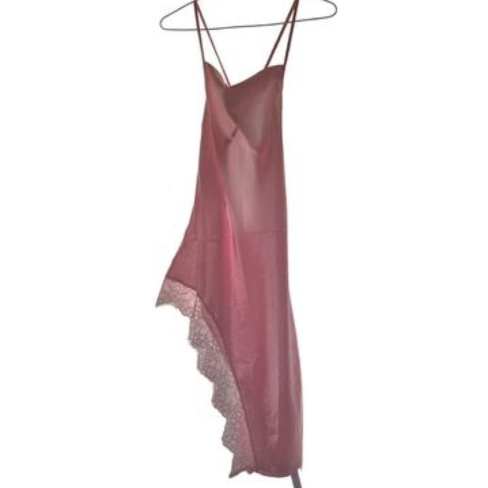 NEW PINK SLIP DRESS SATIN BACKLESS ASYMMETRICAL LACE SIDE TRIMMING MIDI LENGTH